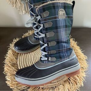 SOREL Women’s Trivoli Tall Lace Up Fleece Lined Blue Plaid Winter Boots Size 8.5